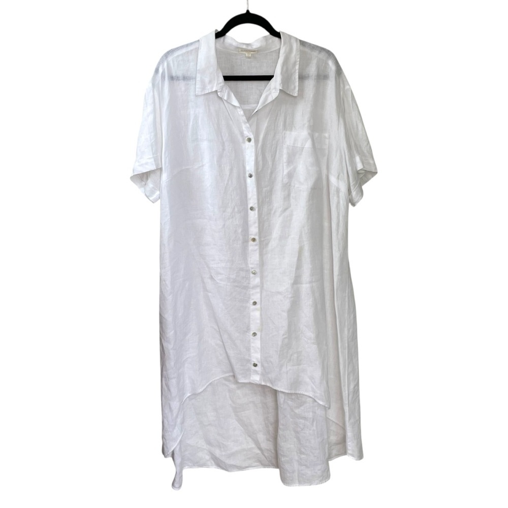 EILEEN FISHER Irish Linen Button Front Short Sleeve High Low Dress White 1X